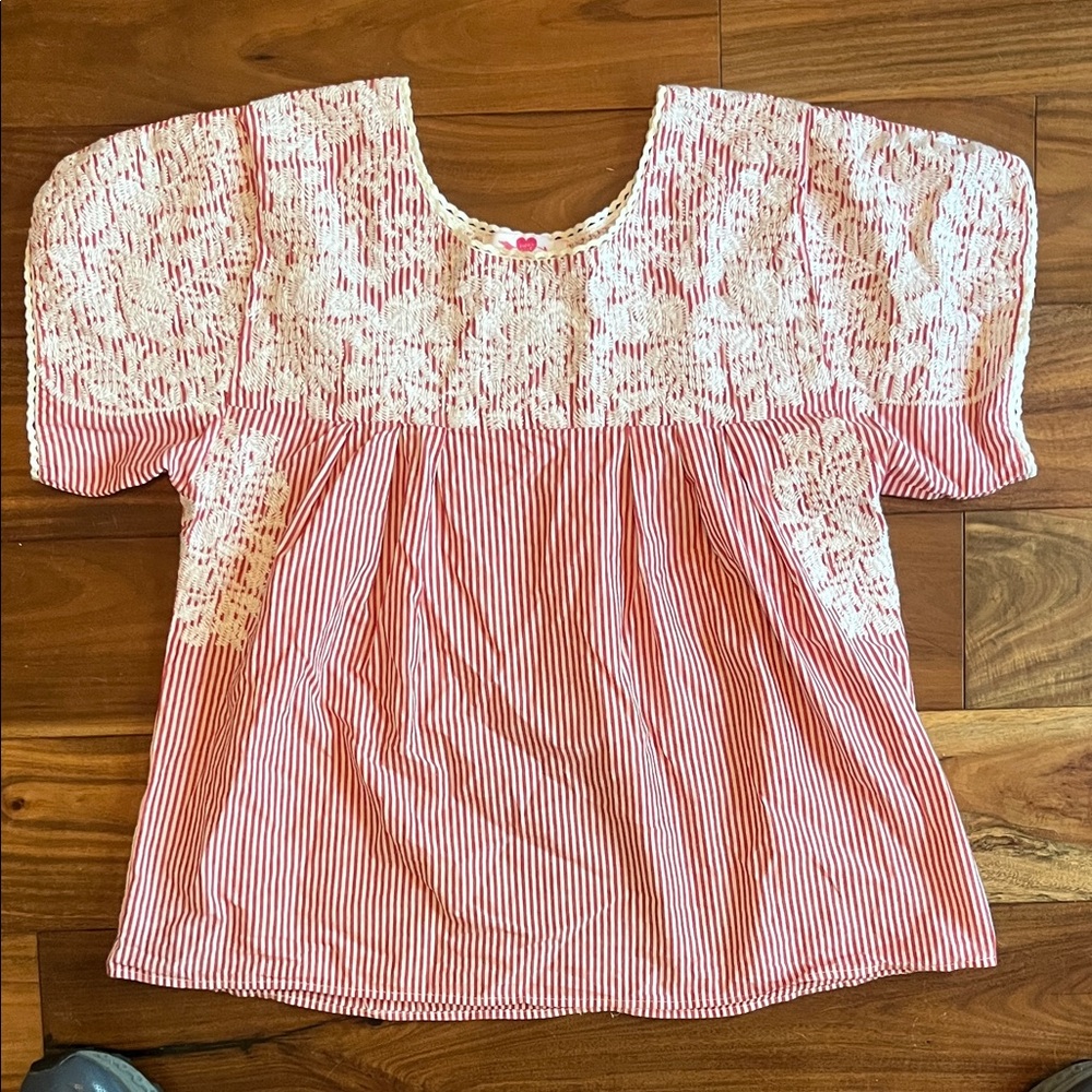 Boutique Lace Yoke Red & White Striped Peasant Top